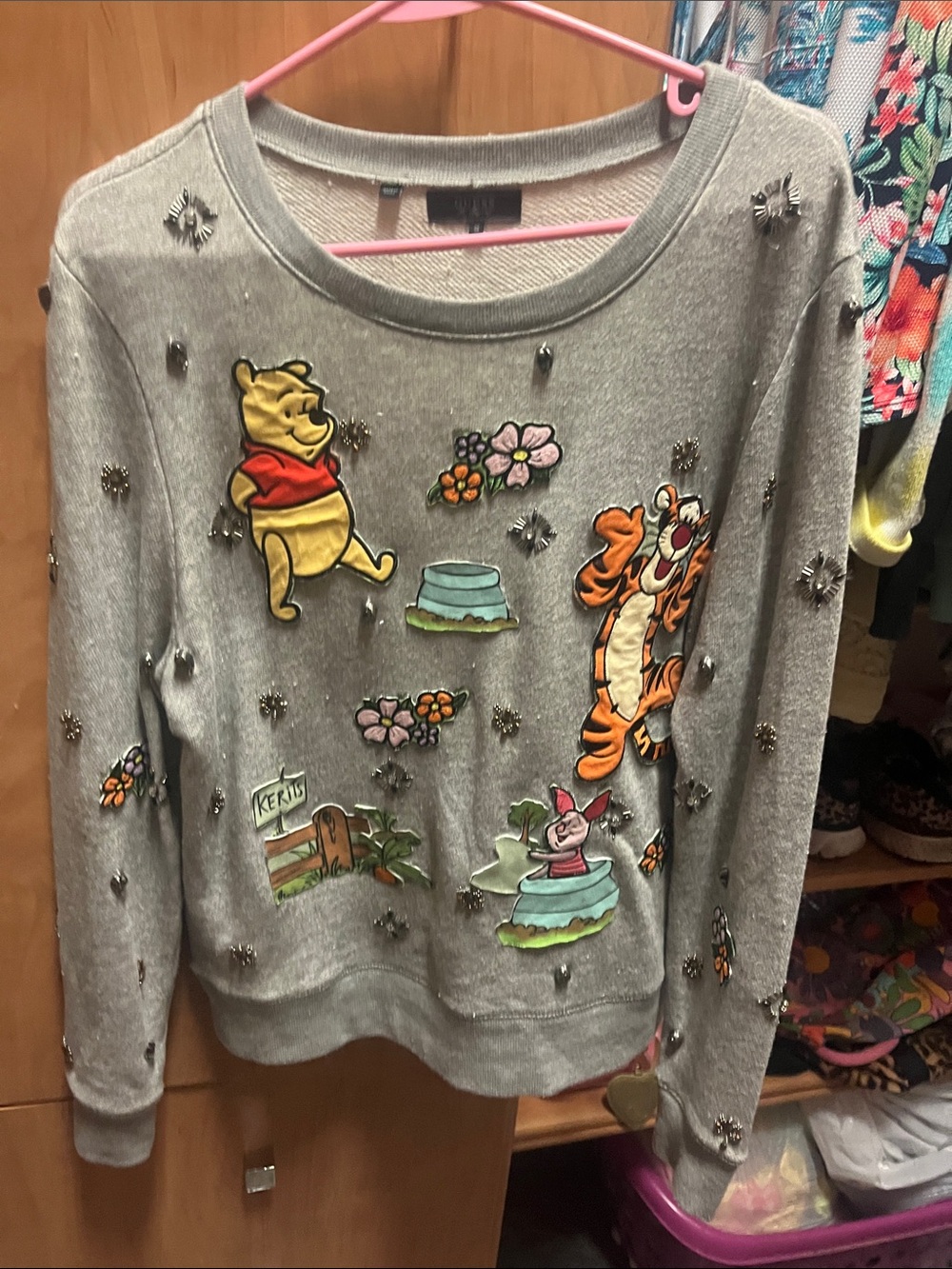 Hand made on a Guess Grey sweatshirt Winnie the Pooh & Friends Embellished